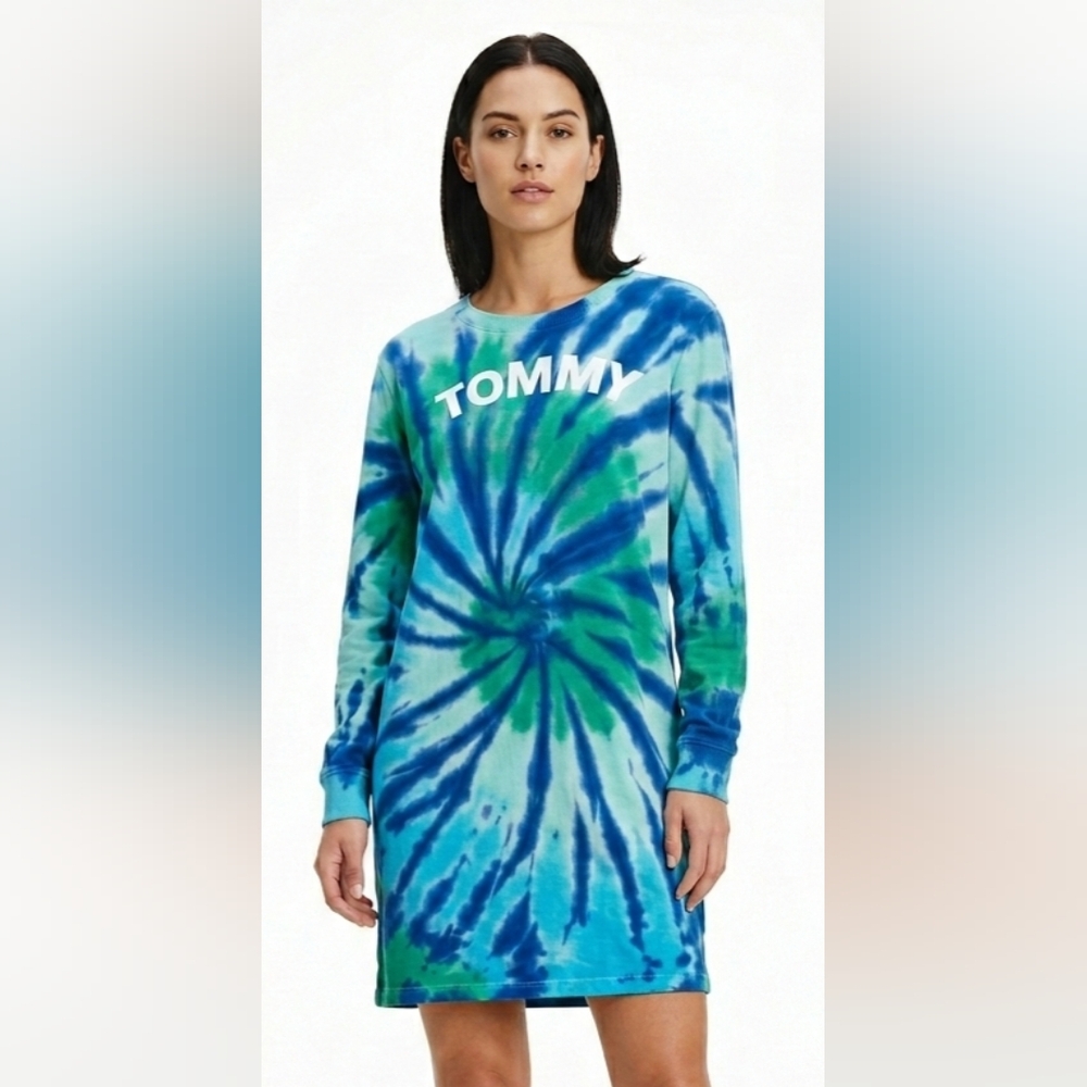 Tommy Hilfiger Blue & Green Spiral Tie-Dye Long Sleeve Dress Size L